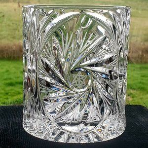 Pinwheel Hand Cut Etched Lead Crystal Vase Candle Holder Poland 4.5" bisquit jar